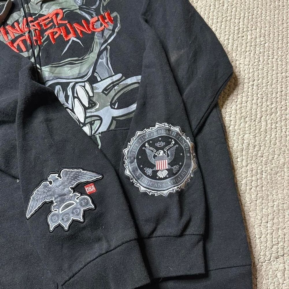 Y2K Vintage 2000s skater grunge Embroidered Five Finger Death Punch skull Hoodie - Picture 4 of 8
